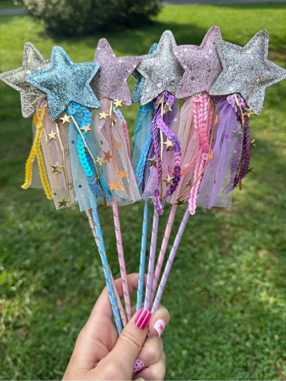 Pastel Glitter Star Cake Toppers with Tulle Streamers - Pink, Blue, Purple